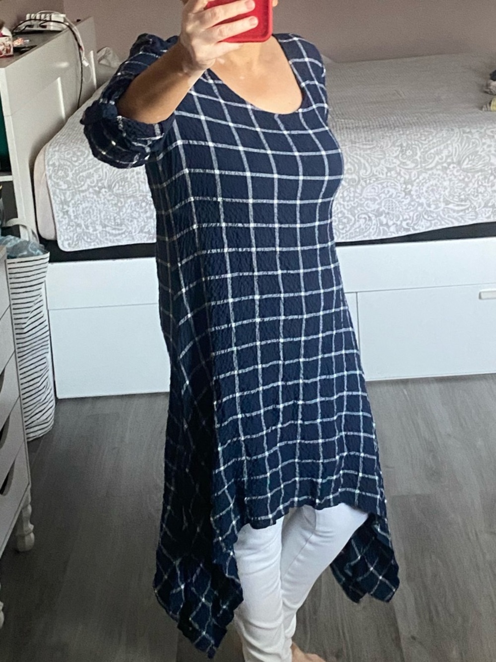MIMOZZAS Bohemian Asymmetrical Hem Blue Checked Seersucker Tunic midi Dress | M